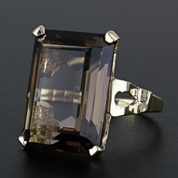 Vintage 14K Yellow Gold Emerald-Cut Smoky Quartz Cocktail Ring by Carnegie - Picture 5 of 7